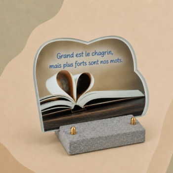 Plaque en verre FOGLA avec photo en couleurs imprimée, en forme de nuage, représentant un livre ouvert