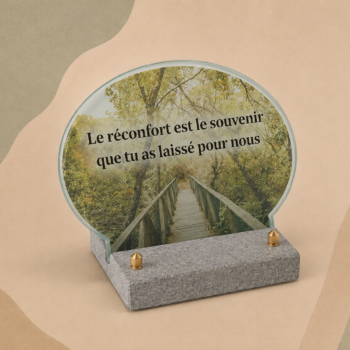 Plaque en verre FOGLA avec photo en couleurs imprimée, de forme ovale, représentant un pont de bois