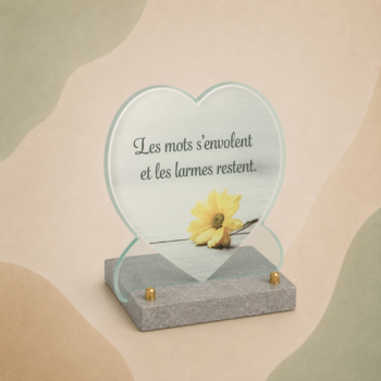 Plaque en verre FOGLA en forme de coeur avec photo imprimée d'une fleur jaune