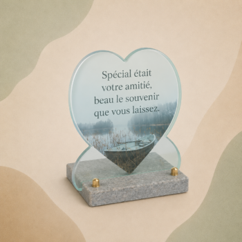 Plaque en verre FOGLA en forme de coeur avec photo imprimée d'une barque sur un plan d'eau