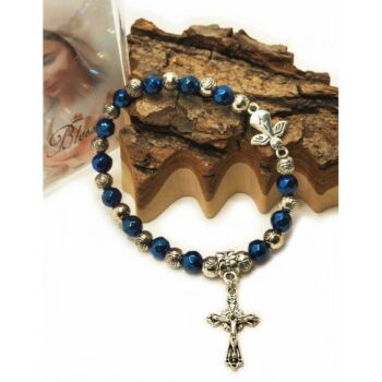 Bracelet dizaine perles bleues et argentées de Medjurgorje